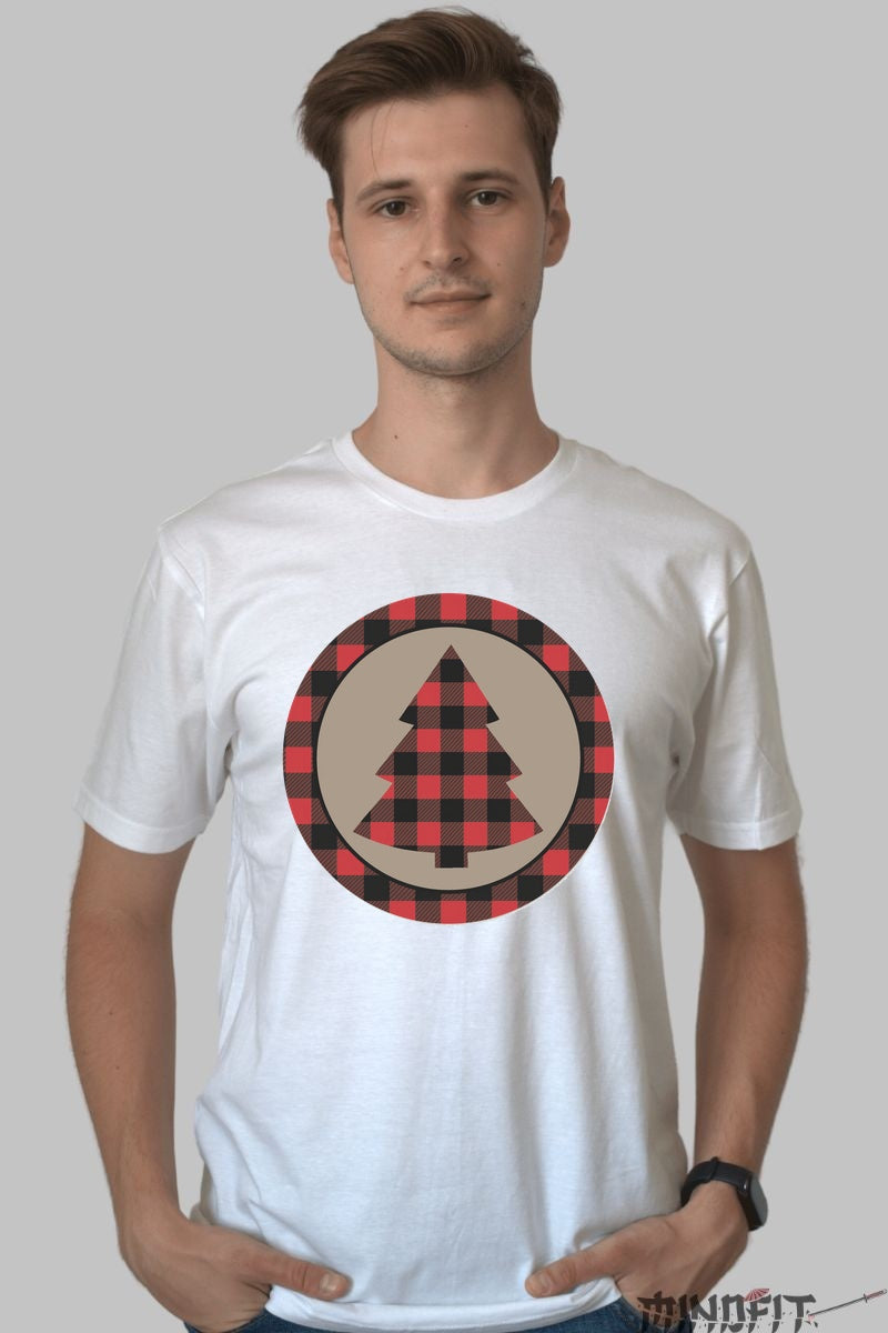 Tricou De Craciun - Brad Cu Carouri Festive barbat alb