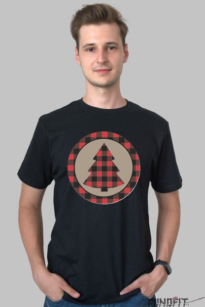Tricou De Craciun - Brad Cu Carouri Festive barbat negru