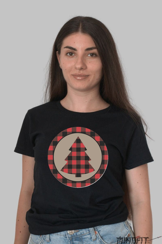 Tricou De Craciun - Brad Cu Carouri Festive dama negru