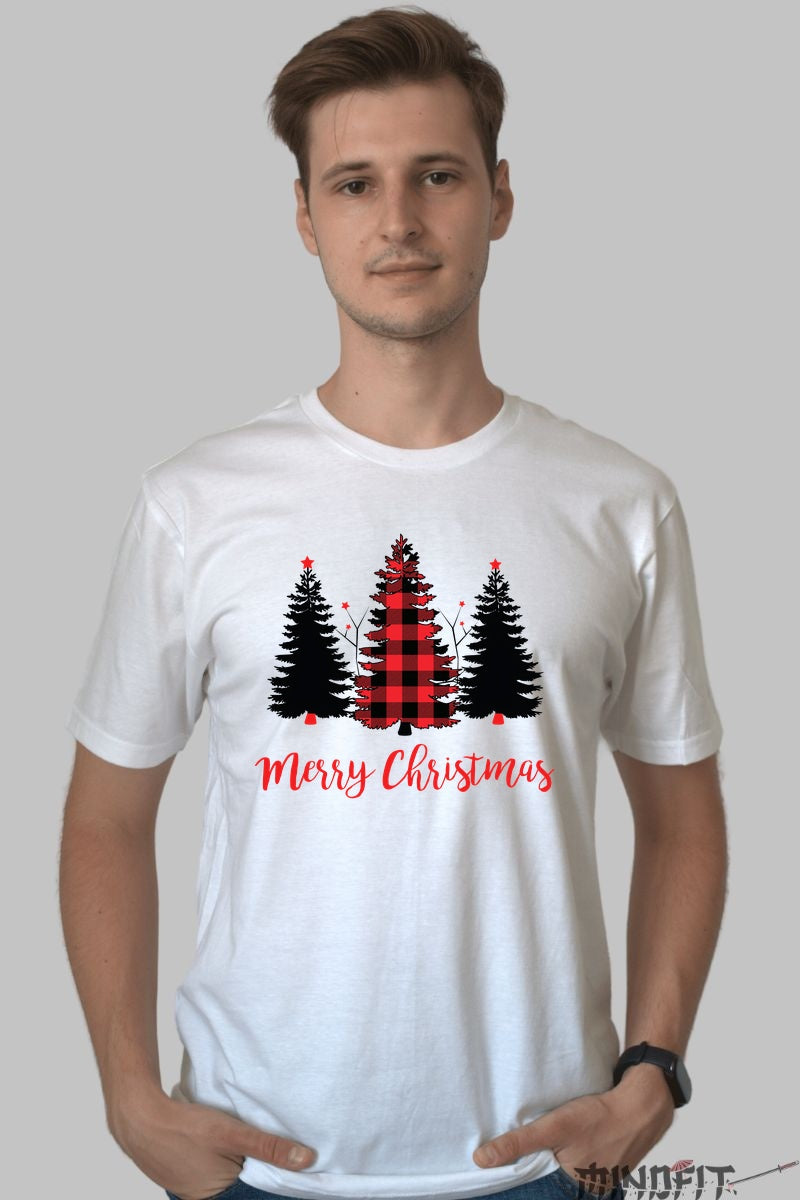 Tricou De Craciun - Brad Cu Carouri Rosii barbat alb
