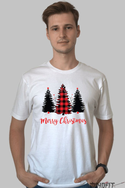 Tricou De Craciun - Brad Cu Carouri Rosii barbat alb