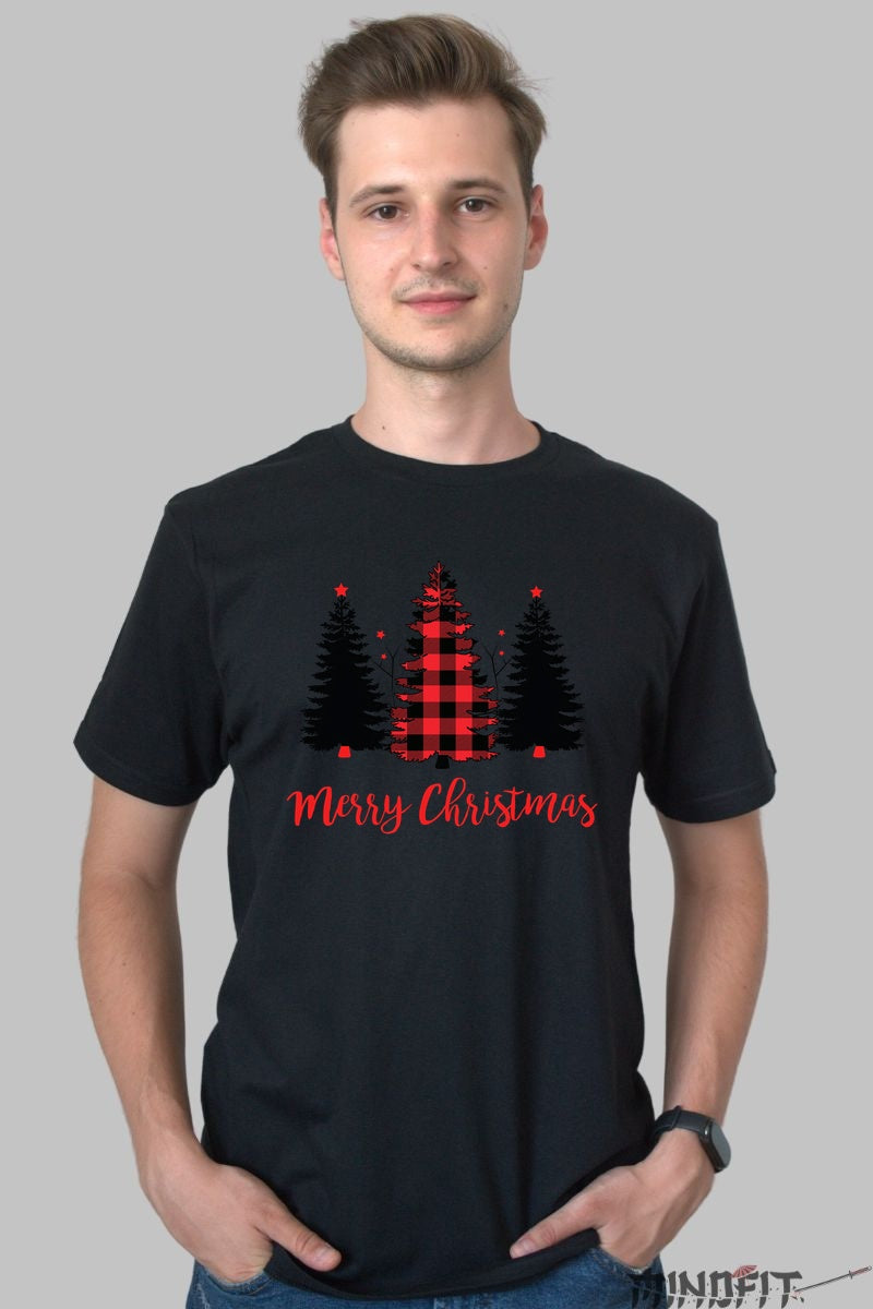Tricou De Craciun - Brad Cu Carouri Rosii barbat negru