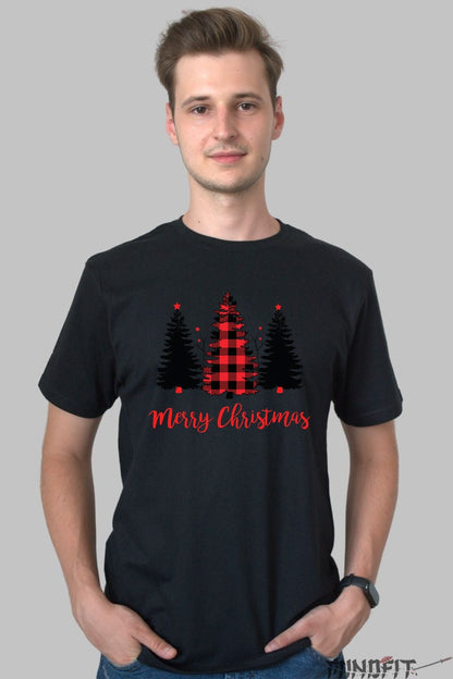 Tricou De Craciun - Brad Cu Carouri Rosii barbat negru