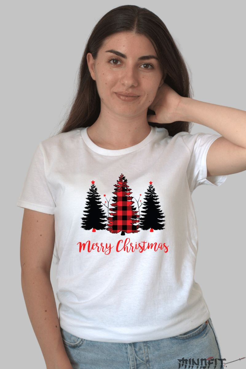 Tricou De Craciun - Brad Cu Carouri Rosii dama alb