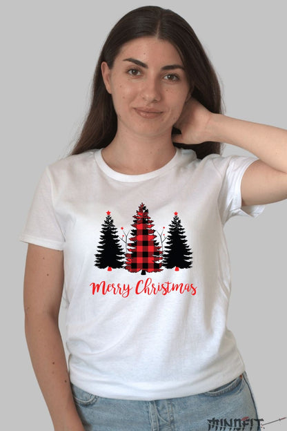 Tricou De Craciun - Brad Cu Carouri Rosii dama alb