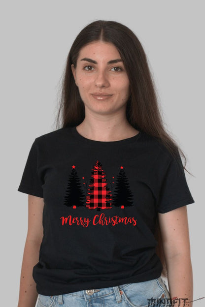 Tricou De Craciun - Brad Cu Carouri Rosii dama negru