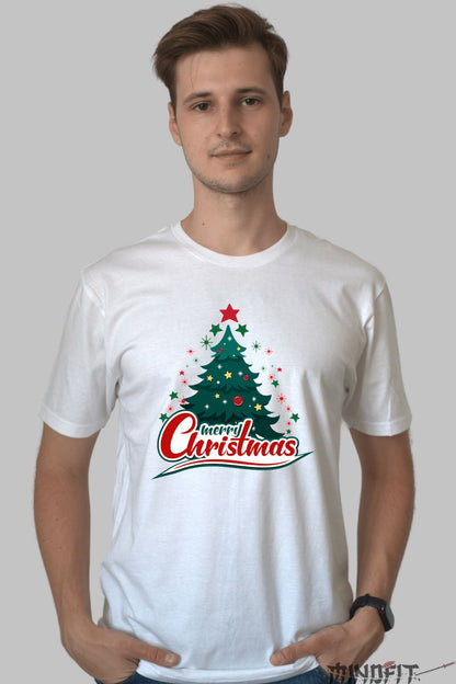 Tricou De Craciun - Brad Decorat Cu Stele barbat alb