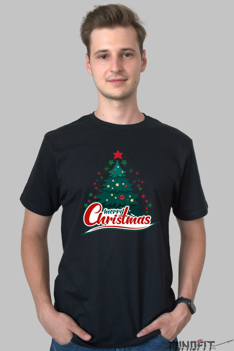 Tricou De Craciun - Brad Decorat Cu Stele barbat negru