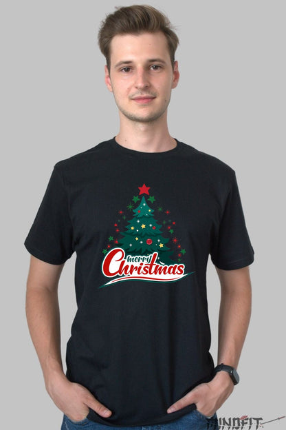 Tricou De Craciun - Brad Decorat Cu Stele barbat negru