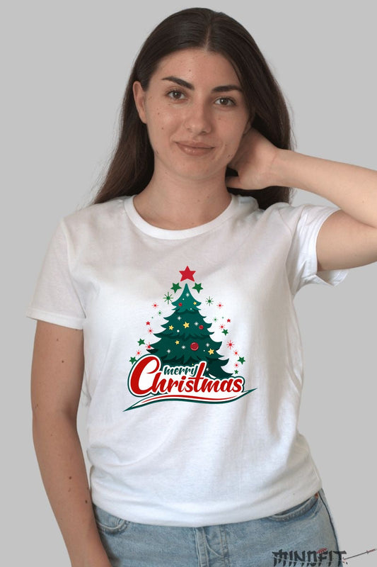 Tricou De Craciun - Brad Decorat Cu Stele dama alb