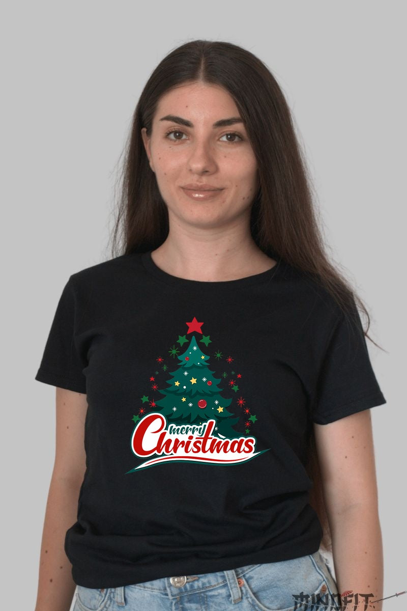 Tricou De Craciun - Brad Decorat Cu Stele dama negru