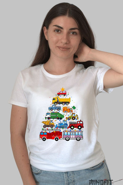 Tricou De Craciun - Brad Din Masini De Constructie dama alb