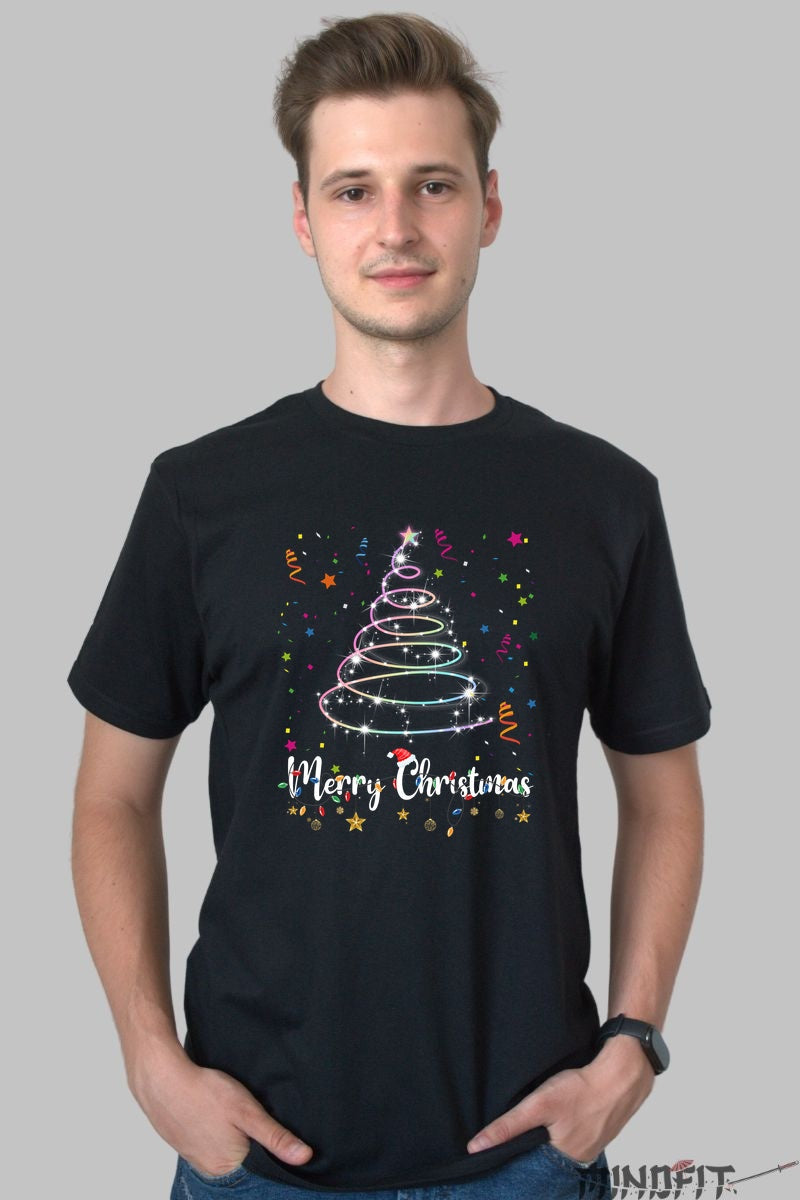 Tricou De Craciun - Brad Magic Cu Luminite barbat negru