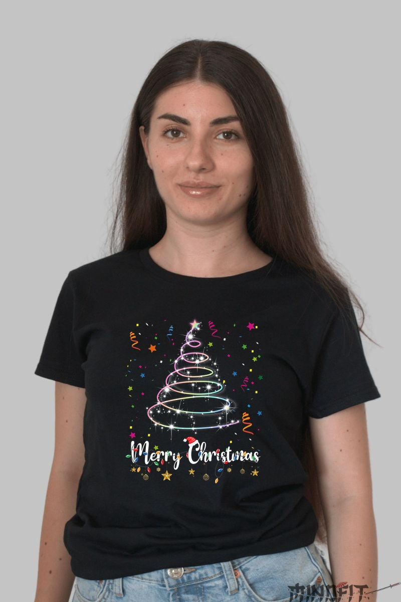 Tricou De Craciun - Brad Magic Cu Luminite dama negru
