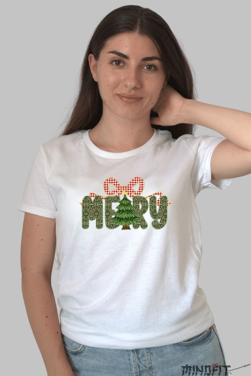 Tricou De Craciun - Brad Si Fundita Merry dama alb