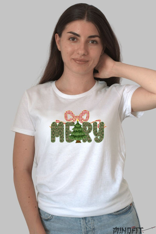 Tricou De Craciun - Brad Si Fundita Merry dama alb