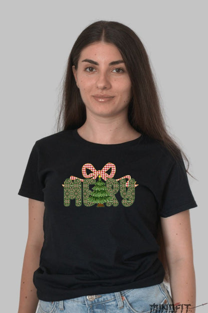 Tricou De Craciun - Brad Si Fundita Merry dama negru