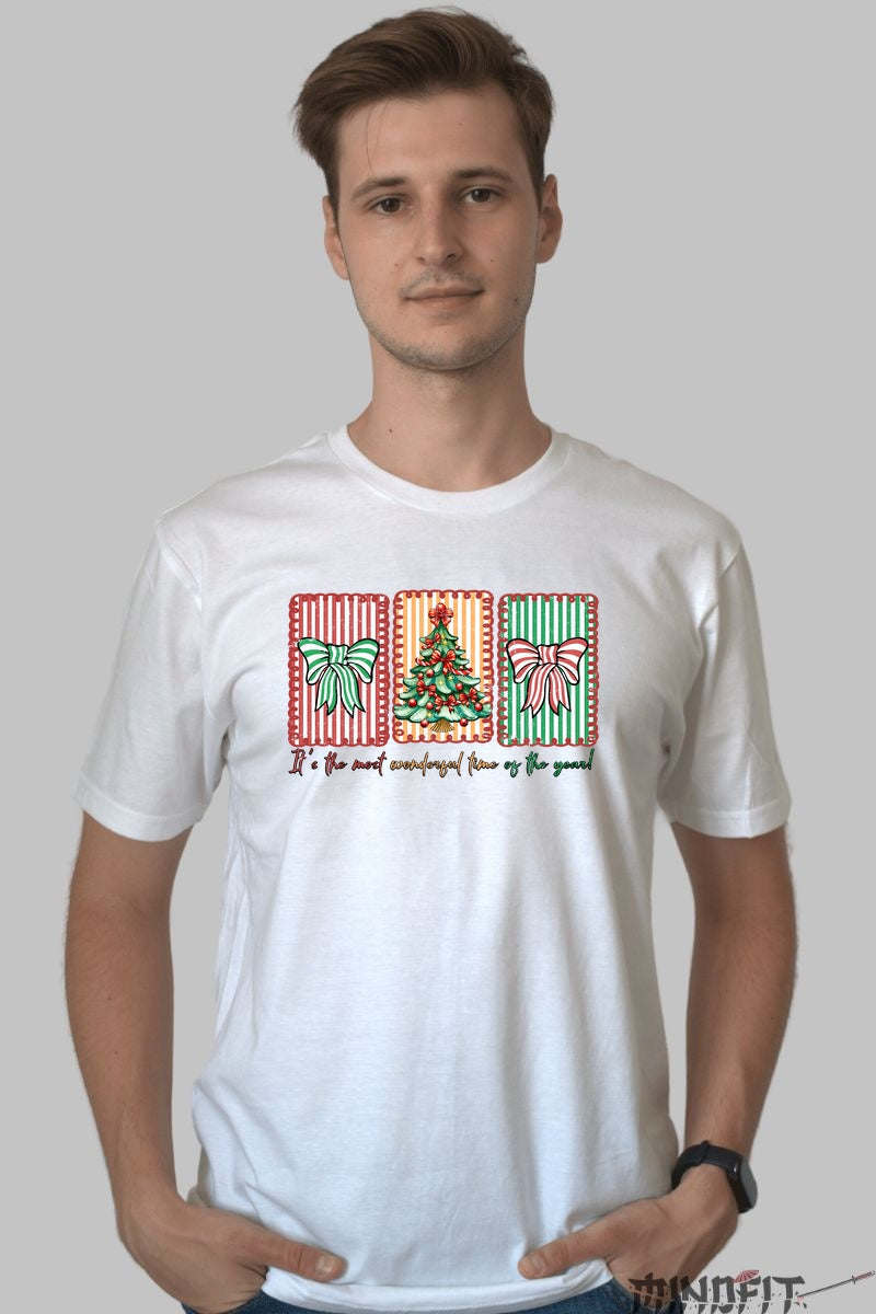 Tricou De Craciun - Brad Si Fundite Festive barbat alb