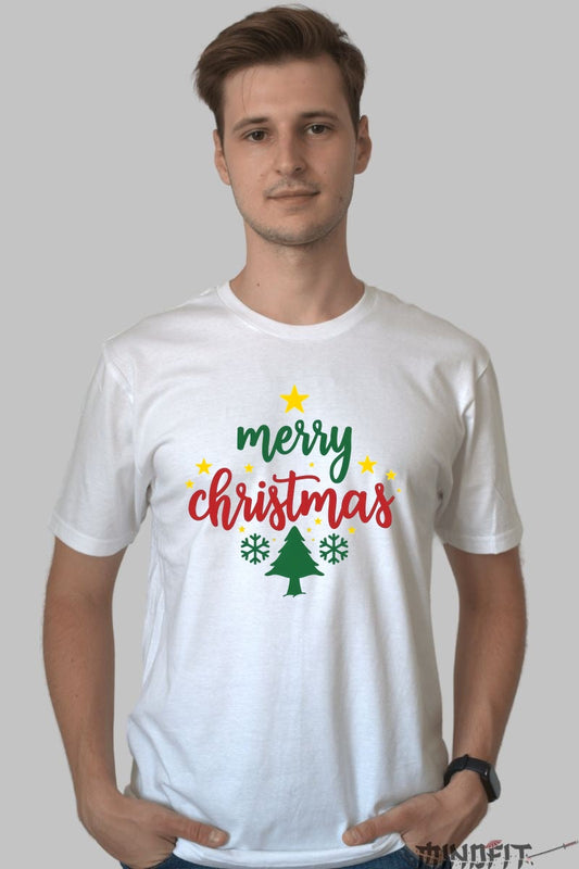 Tricou De Craciun - Brad Si Stele Festive barbat alb