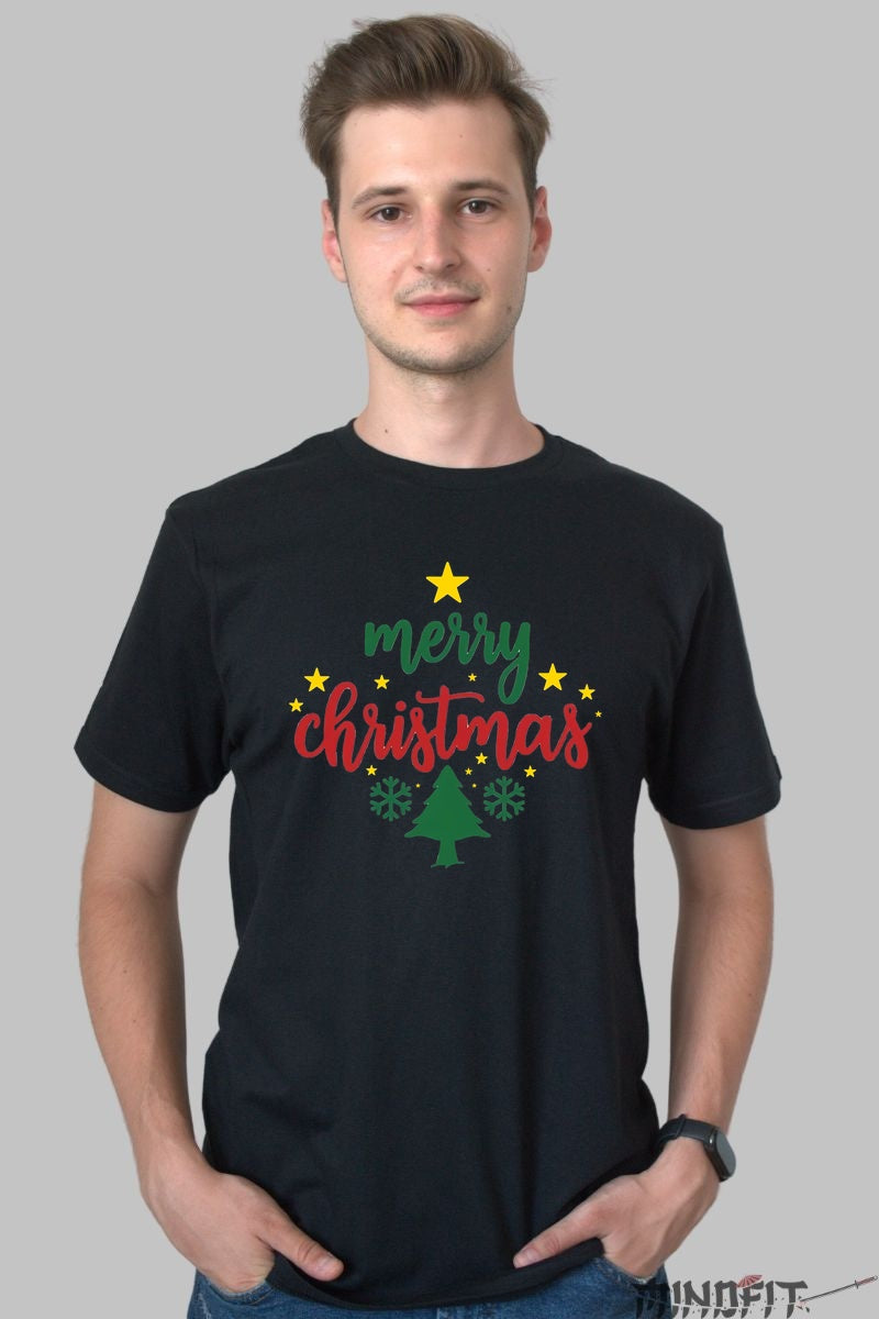 Tricou De Craciun - Brad Si Stele Festive barbat negru
