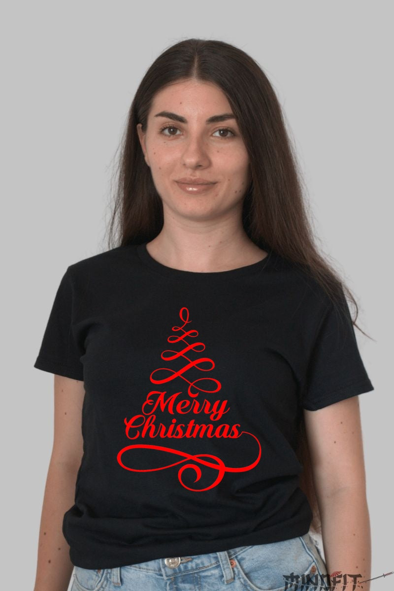 Tricou De Craciun - Brad Stilizat Merry Christmas dama negru