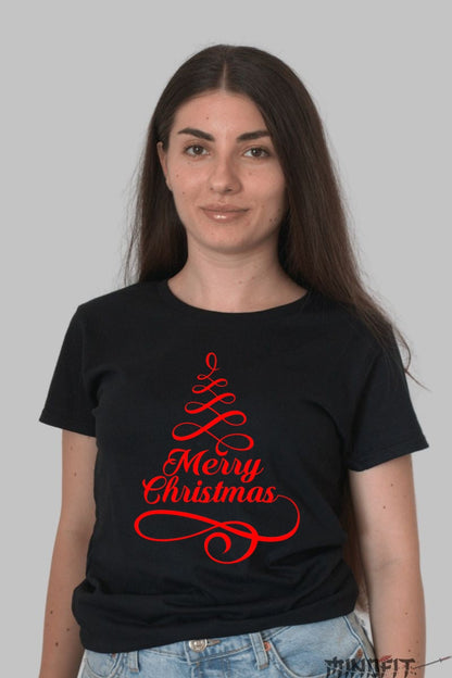 Tricou De Craciun - Brad Stilizat Merry Christmas dama negru