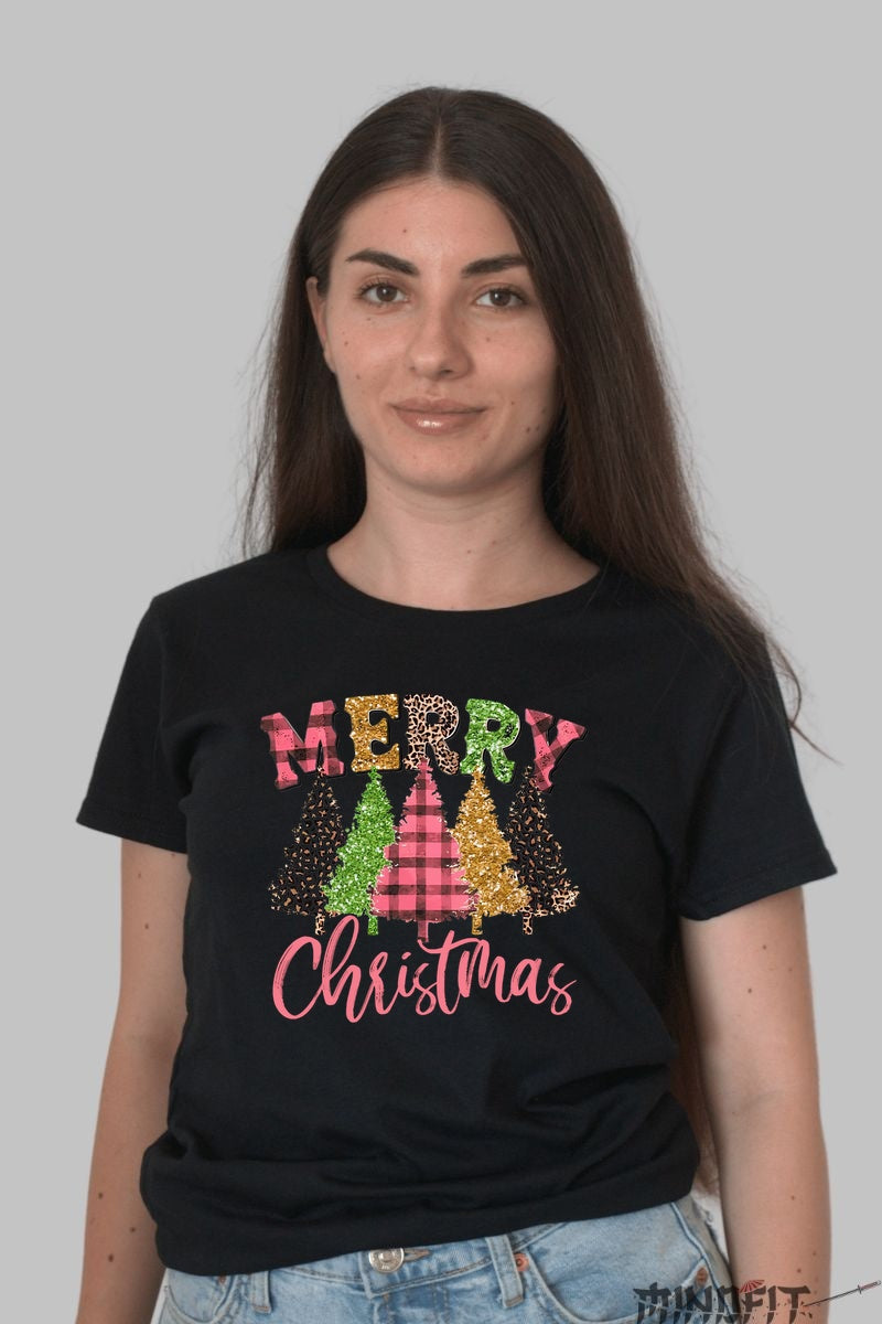 Tricou De Craciun - Braduti Cu Sclipici Si Mesaj Merry dama negru