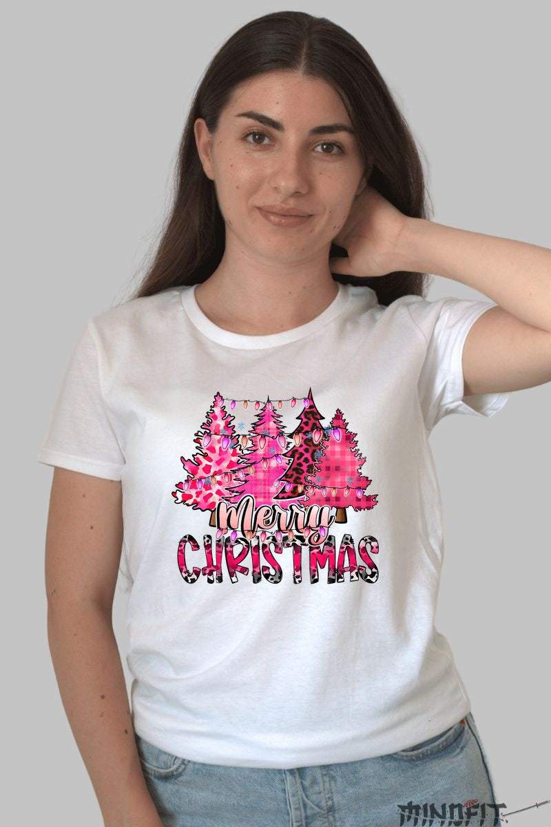 Tricou De Craciun - Braduti Roz Cu Merry Christmas dama alb