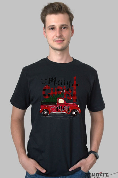 Tricou De Craciun - Camioneta Festiva Cu Brad barbat negru