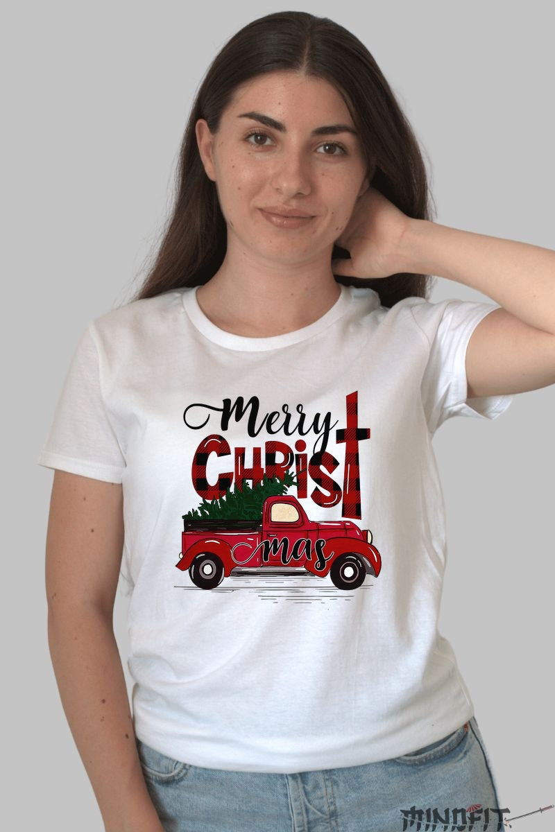 Tricou De Craciun - Camioneta Festiva Cu Brad dama alb