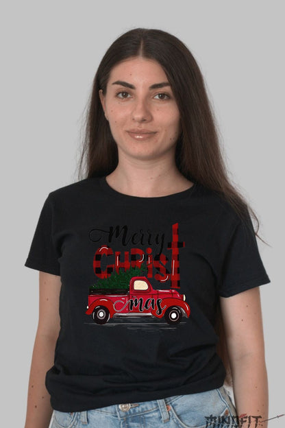 Tricou De Craciun - Camioneta Festiva Cu Brad dama negru