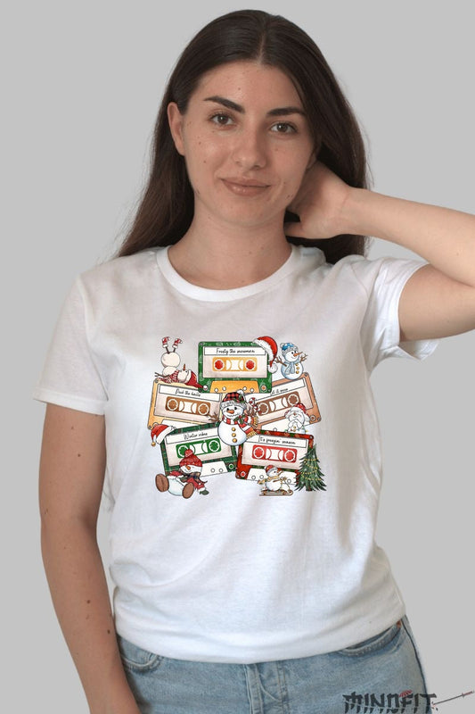 Tricou De Craciun - Casete Festive Retro dama alb