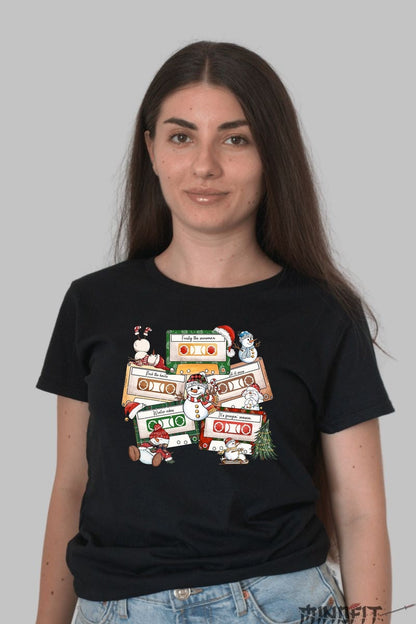 Tricou De Craciun - Casete Festive Retro dama negru