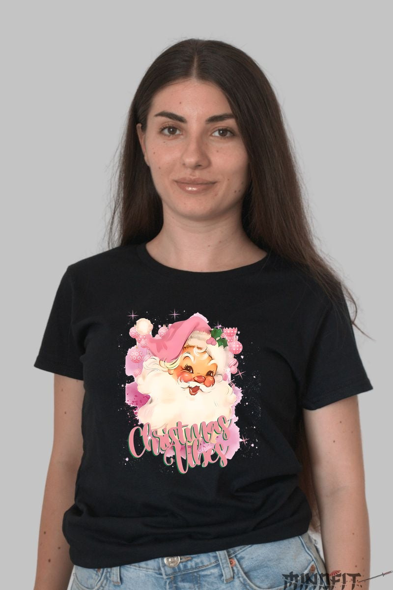 Tricou De Craciun - Christmas Vibes Cu Mos Craciun Roz dama negru