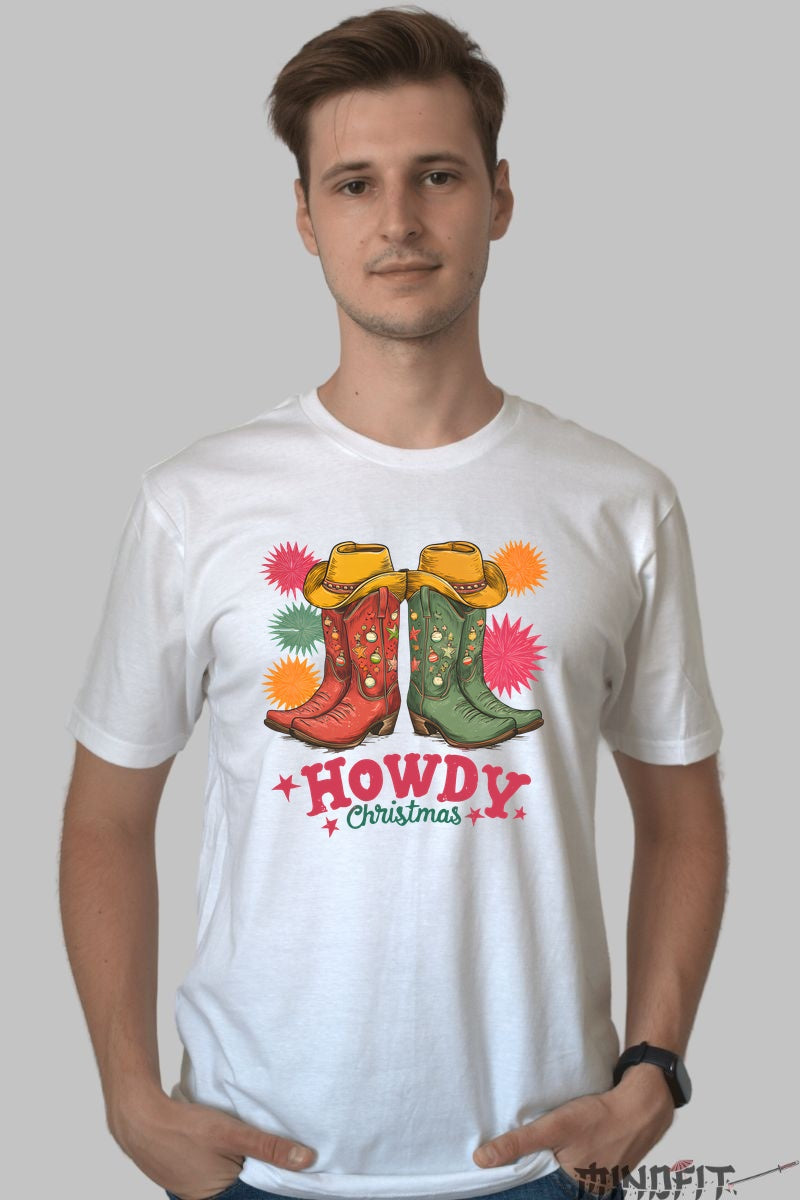 Tricou De Craciun - Cizme Cowboy Festive barbat alb