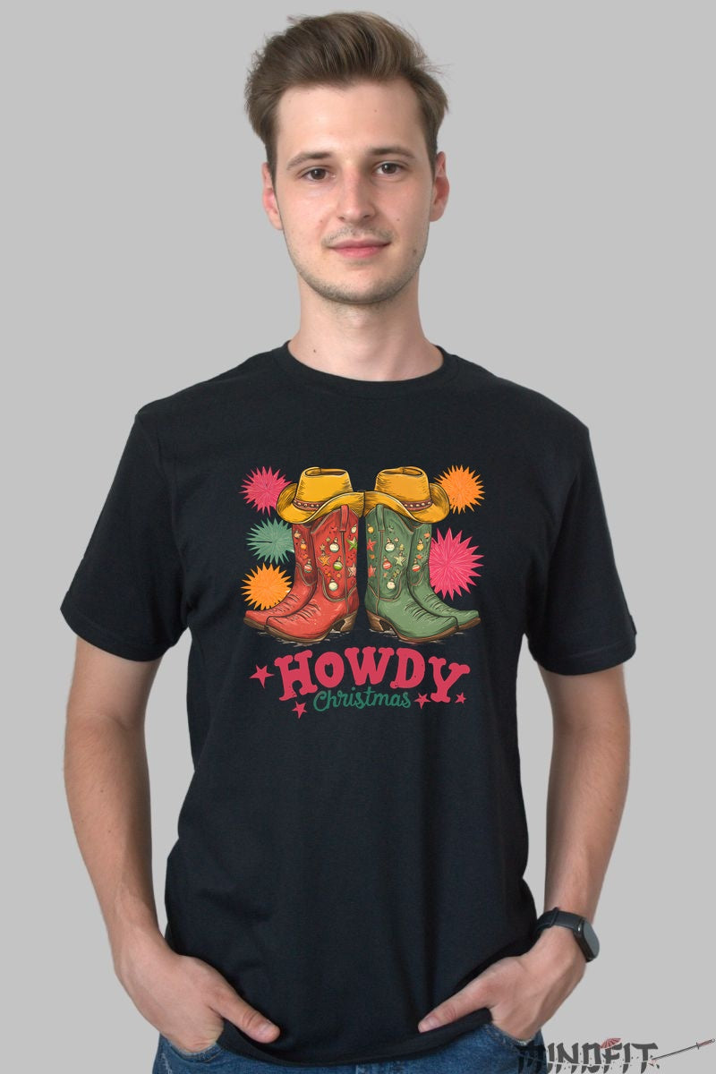 Tricou De Craciun - Cizme Cowboy Festive barbat negru