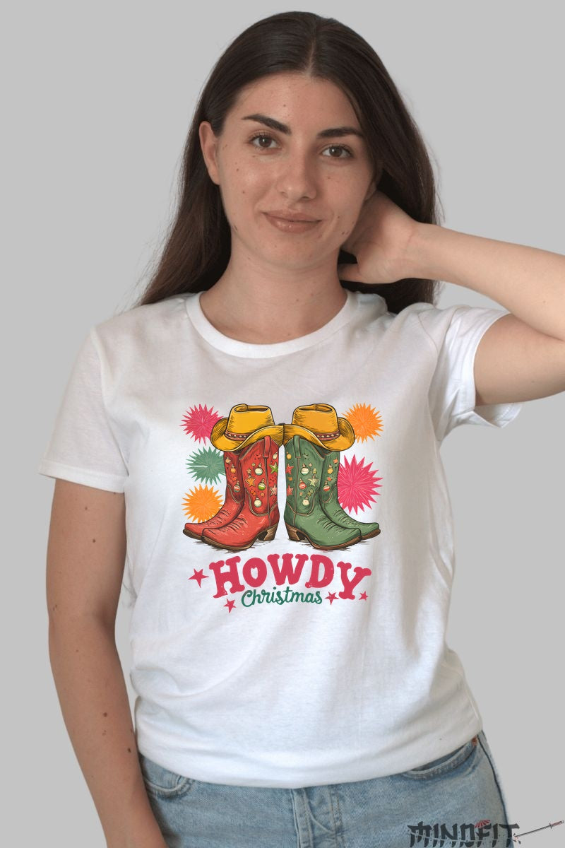 Tricou De Craciun - Cizme Cowboy Festive dama alb