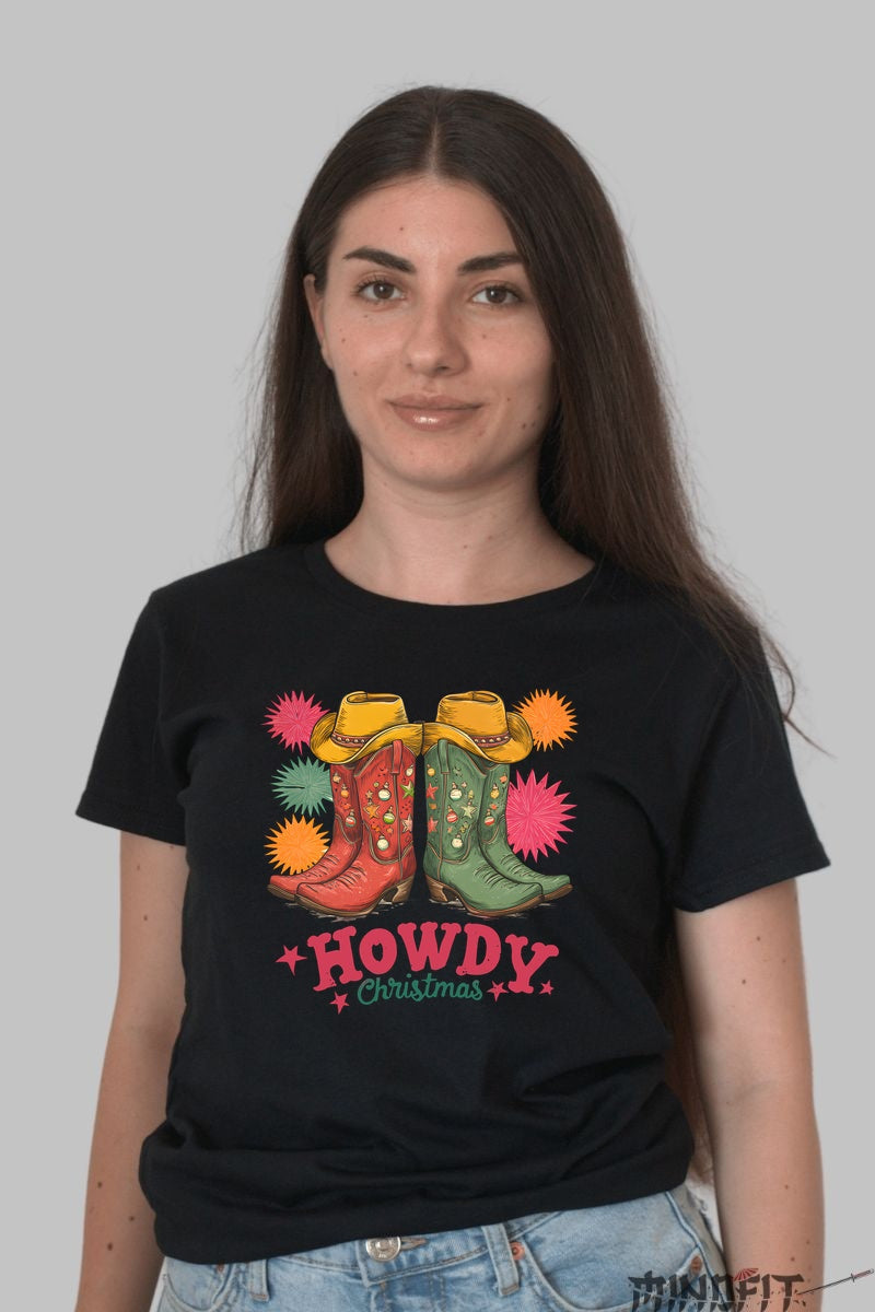 Tricou De Craciun - Cizme Cowboy Festive dama negru