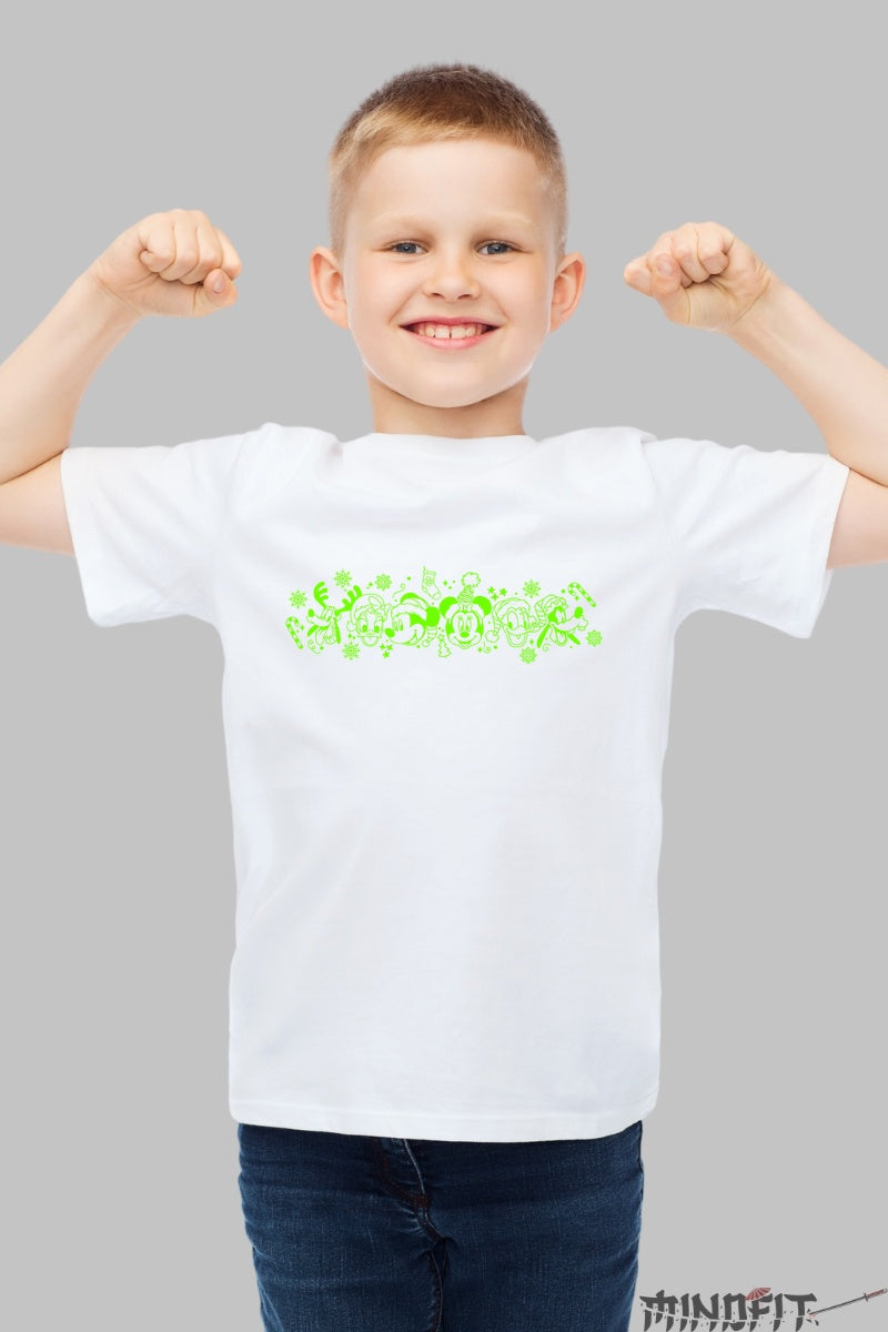 Tricou De Craciun Copii - Banda Glow Personaje Festive baiat alb