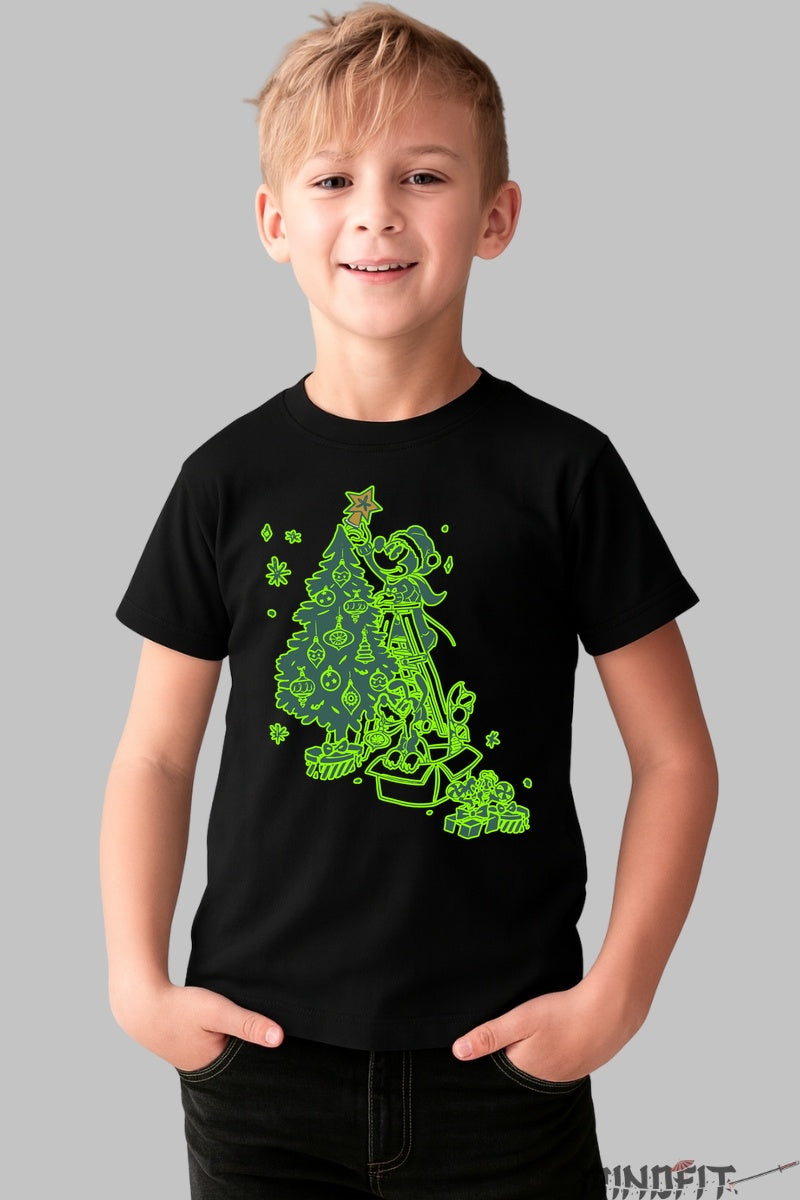 Tricou De Craciun Copii - Brad Decorat Cu Personaj Vesel baiat negru