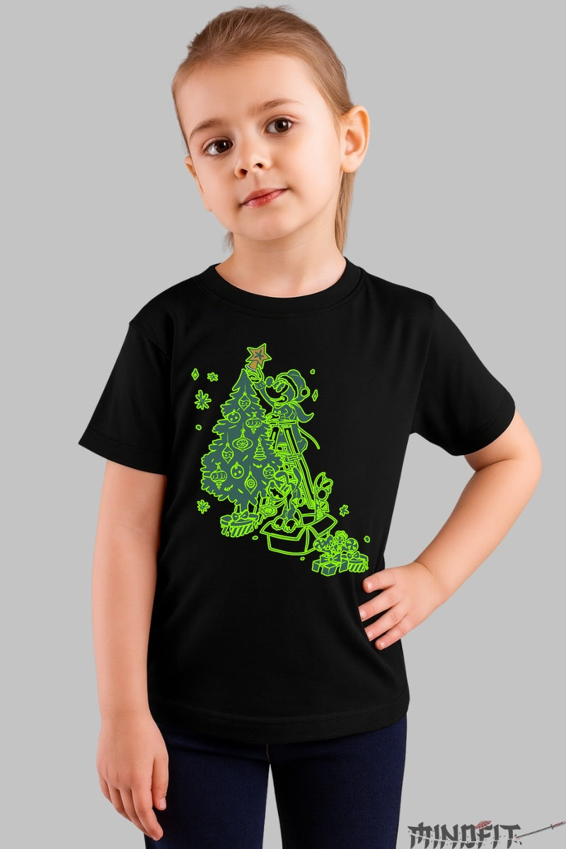 Tricou De Craciun Copii - Brad Decorat Cu Personaj Vesel fata negru