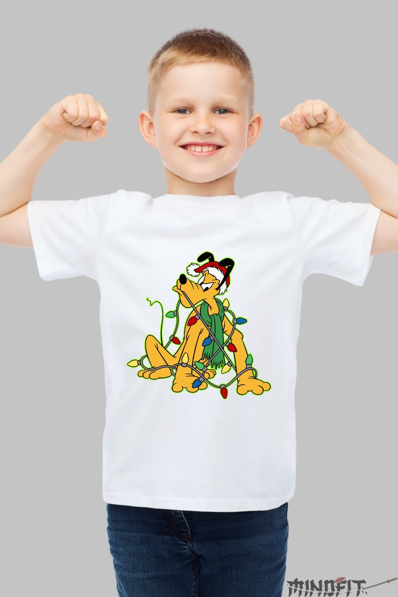 Tricou De Craciun Copii - Catel Poznas Cu Instalatie baiat alb