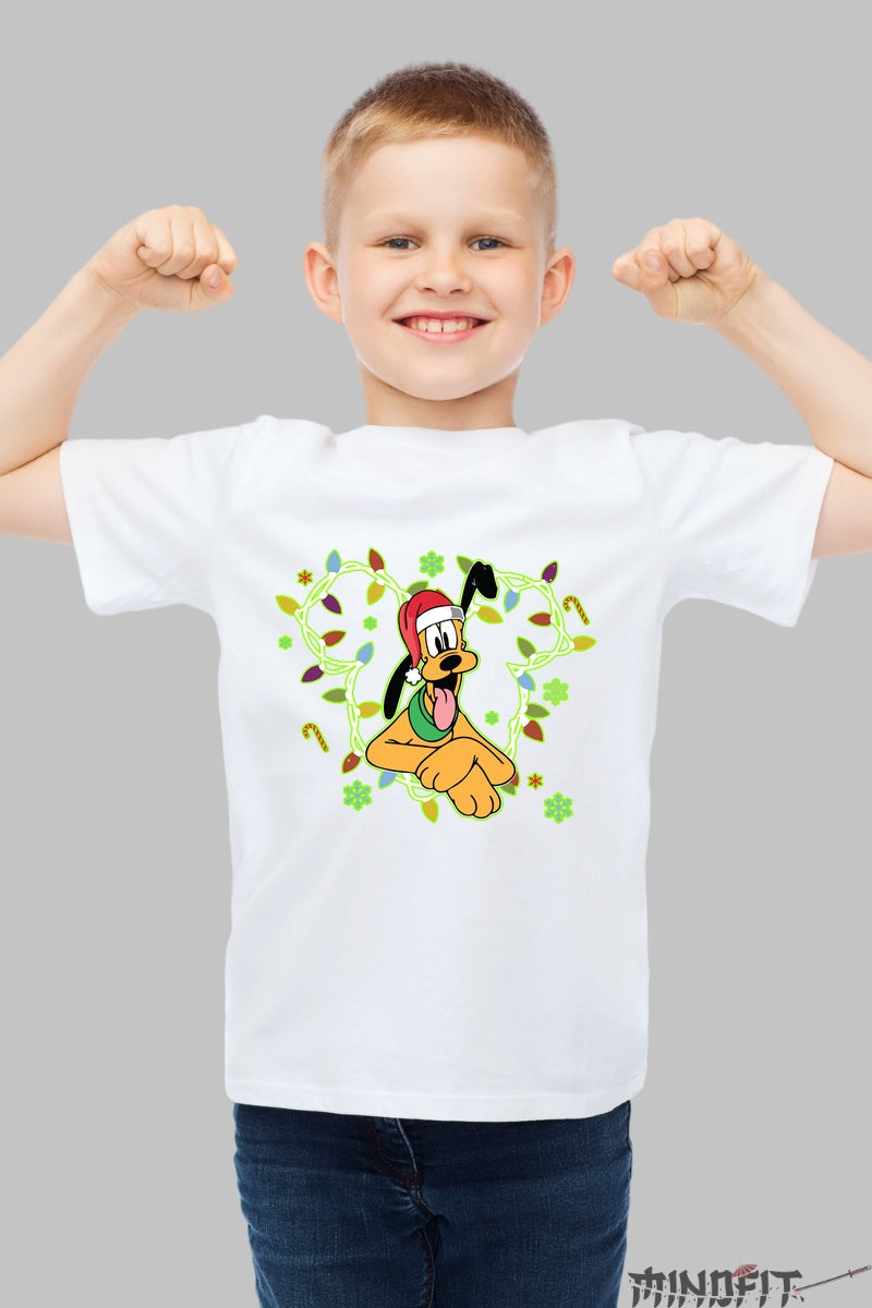 Tricou De Craciun Copii - Catelus Haios Cu Caciula Rosie baiat alb