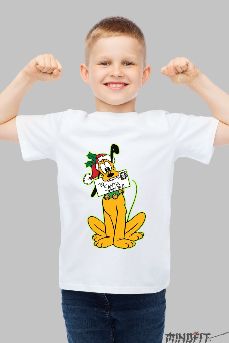 Tricou De Craciun Copii - Catelusul Cu Scrisoare Pentru Mosu baiat alb