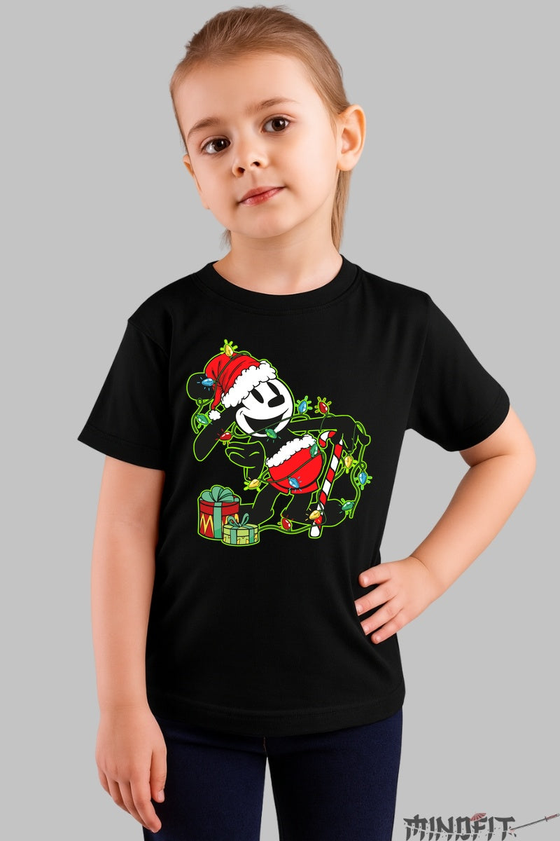 Tricou De Craciun Copii - Elf Urban Printre Beculete fata negru