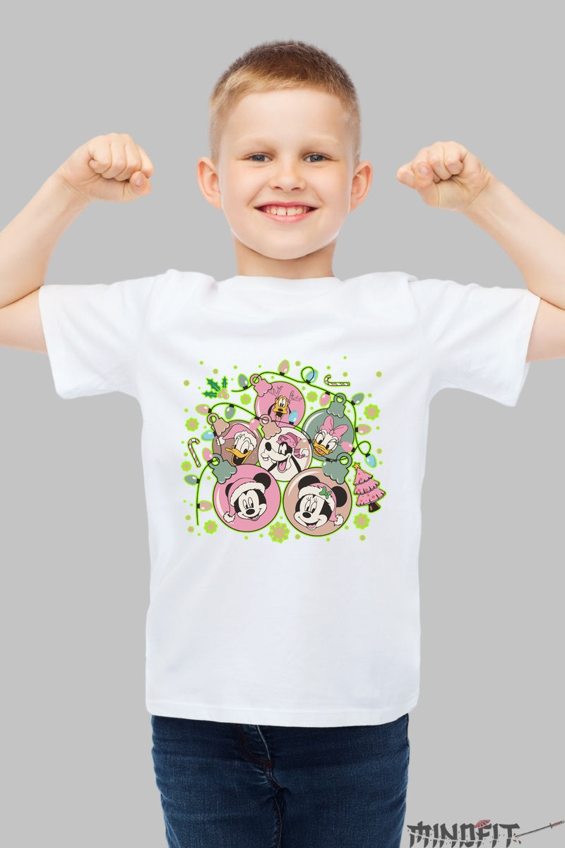 Tricou De Craciun Copii - Gasca Vesela in Globuri Festive baiat alb