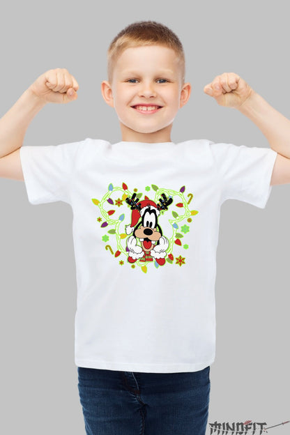 Tricou De Craciun Copii - Goofy Cu Instalatie Vesela baiat alb