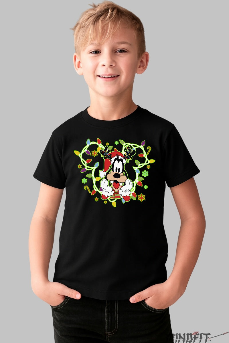 Tricou De Craciun Copii - Goofy Cu Instalatie Vesela baiat negru