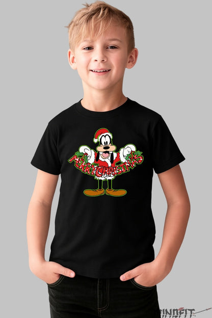 Tricou De Craciun Copii - Goofy cu Mesaj Festiv baiat negru