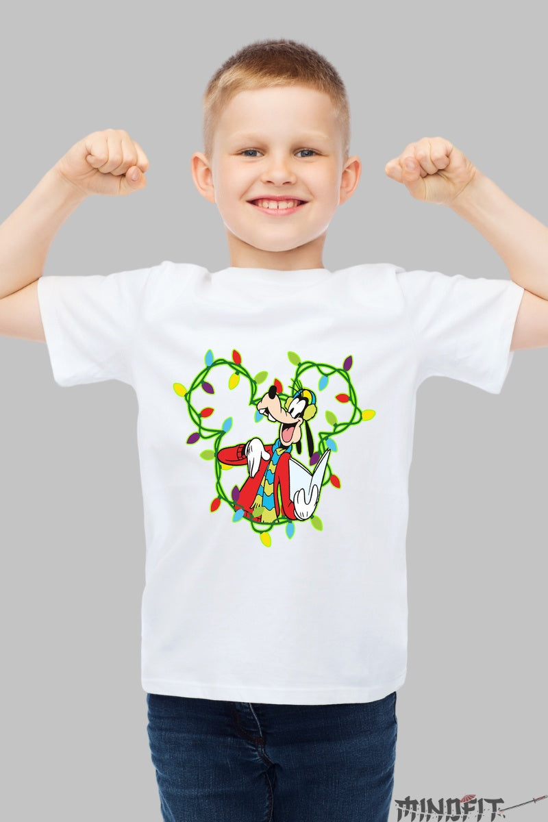 Tricou De Craciun Copii - Goofy in Ghirlanda Vesela baiat alb